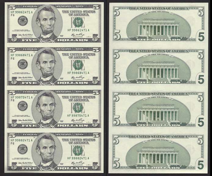 $5 2006 Uncut sheet of 4 Notes