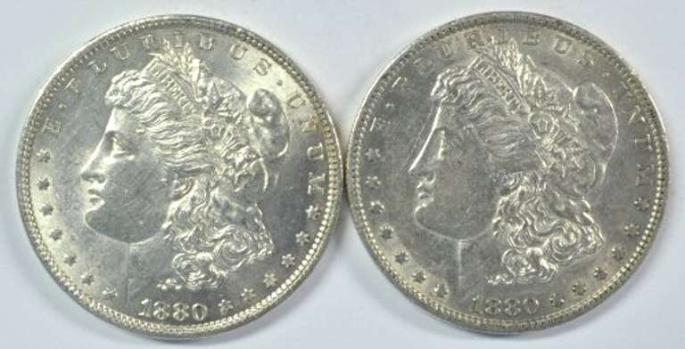 Frosty-white 1880-P and 1880-O Morgan Silver Dollars