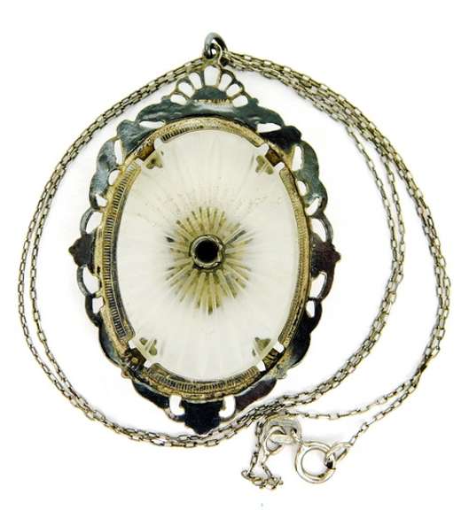 Antique Sterling Camphor Glass Pluribus Unum Pendant & Chain