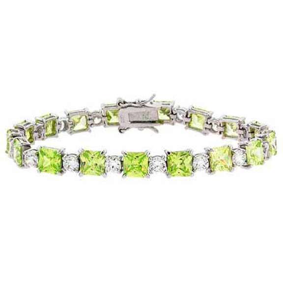Sterling Silver Light Green & Clear CZ Round & Square Tennis Bracelet