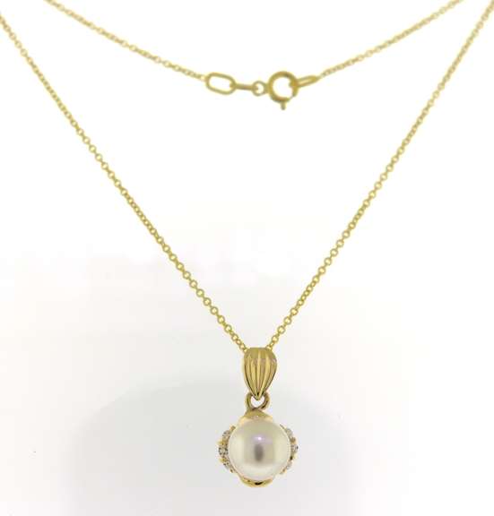 Fancy 14kt Yellow Gold Pearl and CZ Necklace