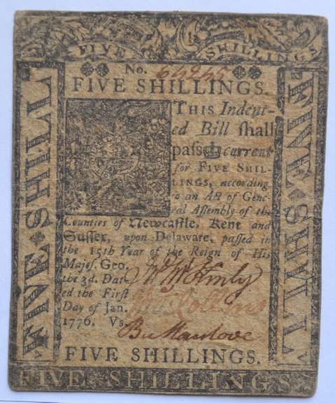 Jan 1 1776 Delaware 5 Shilling Note