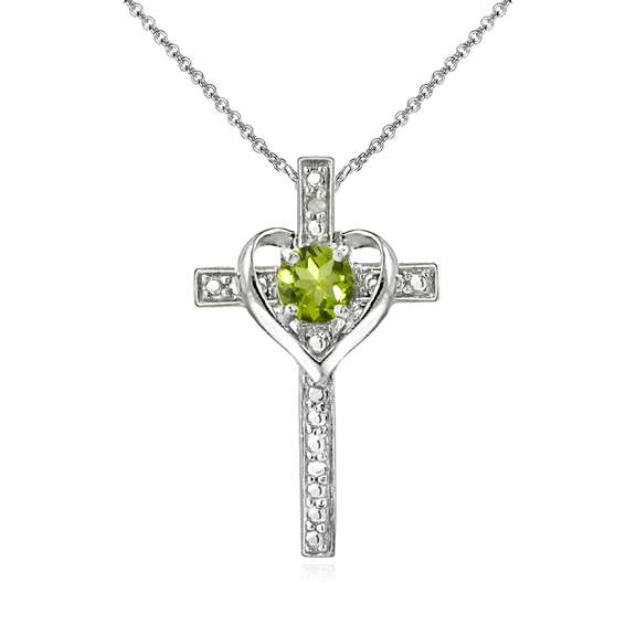 Sterling Silver Peridot Cross Heart Pendant Necklace