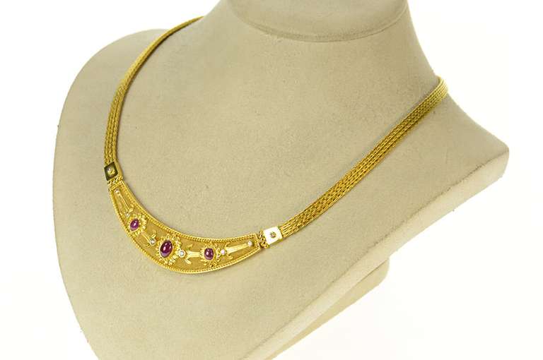 18K Yellow Gold Etruscan Revival Ruby Diamond Statement Necklace