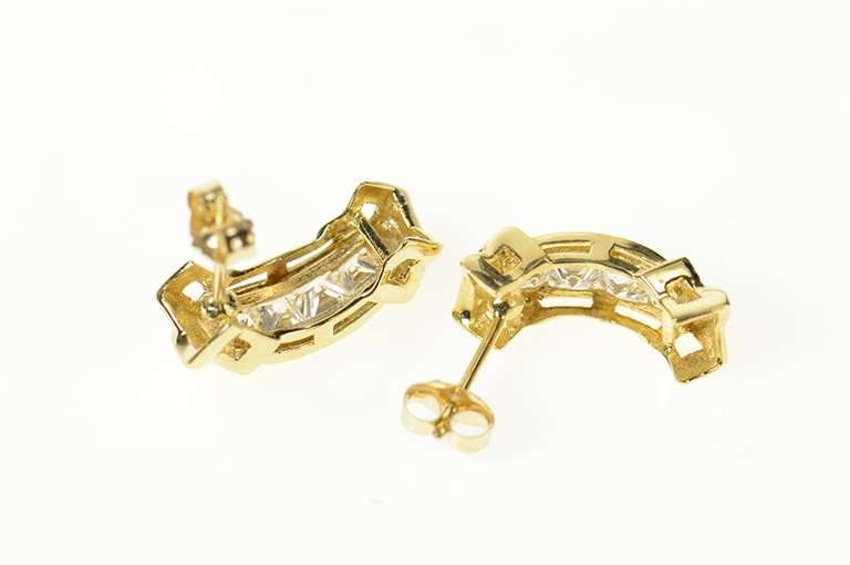 14K Yellow Gold Princess Cubic Zirconia Channel Semi Hoop Earrings
