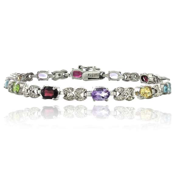 Silver Tone Multi Color Gemstone & Diamond Accent X & Oval Bracelet