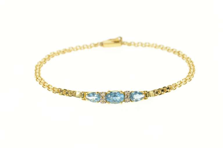 14K Yellow Gold Three Stone Blue Topaz Diamond Bar Link Bracelet