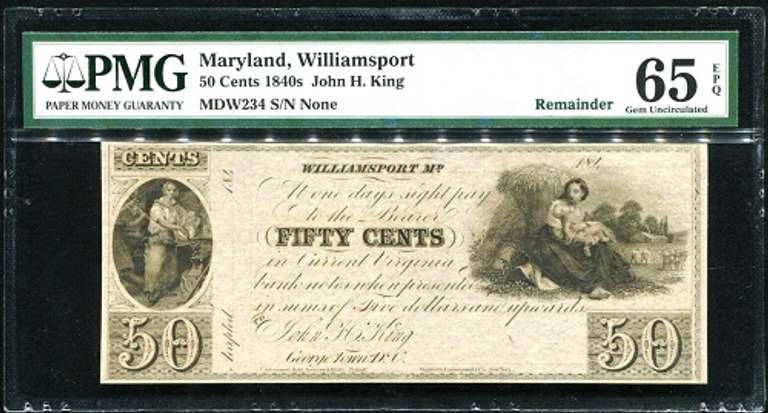 Gem Crisp 1840's .50 John H King Williamsport MD PMG 65 EPQ Tough Note!