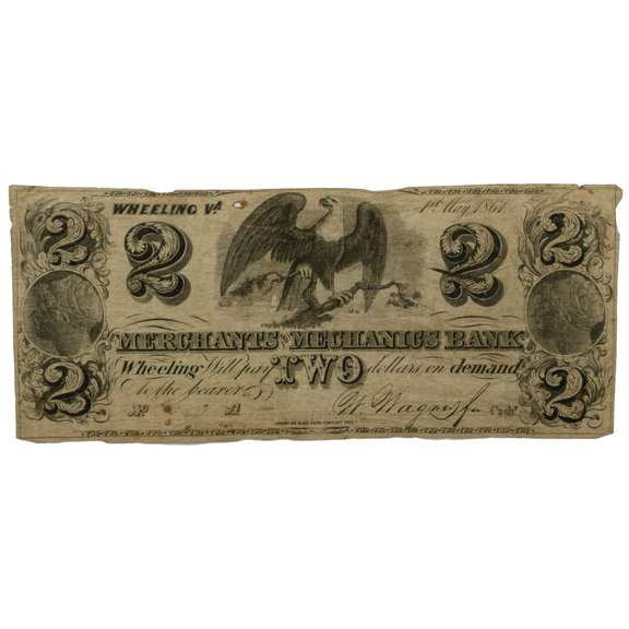 $2 Wheeling W Va May 1 1861 Merchants & Mechanics Bank Note