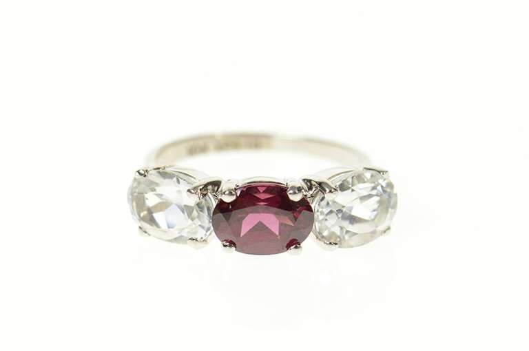 10K White Gold Three Stone Purple Tourmaline Cubic Zirconia Ring