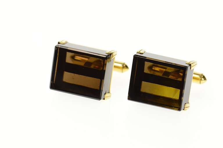 14K Yellow Gold 1960's Square Retro Smoky Quartz Cube Cuff Links