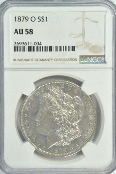 Frosty near BU 1879-O Morgan Silver Dollar. NGC AU58