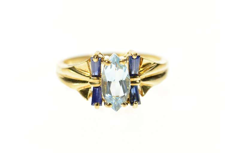 10K Yellow Gold Marquise Blue Topaz Baguette Sapphire Ring