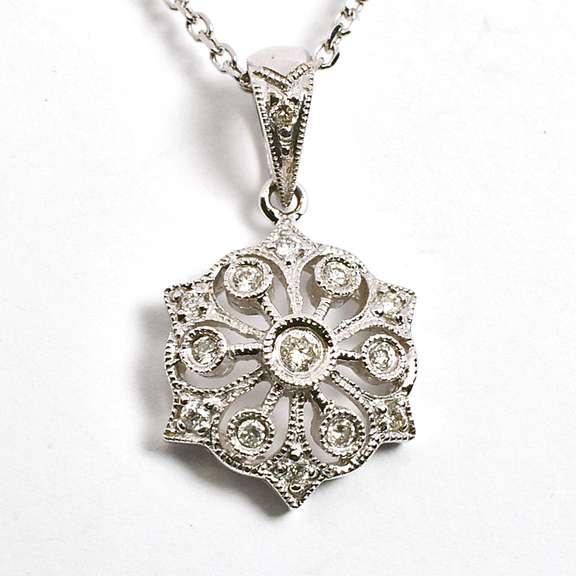 Filigree Diamond Pendant Necklace in 14K WG