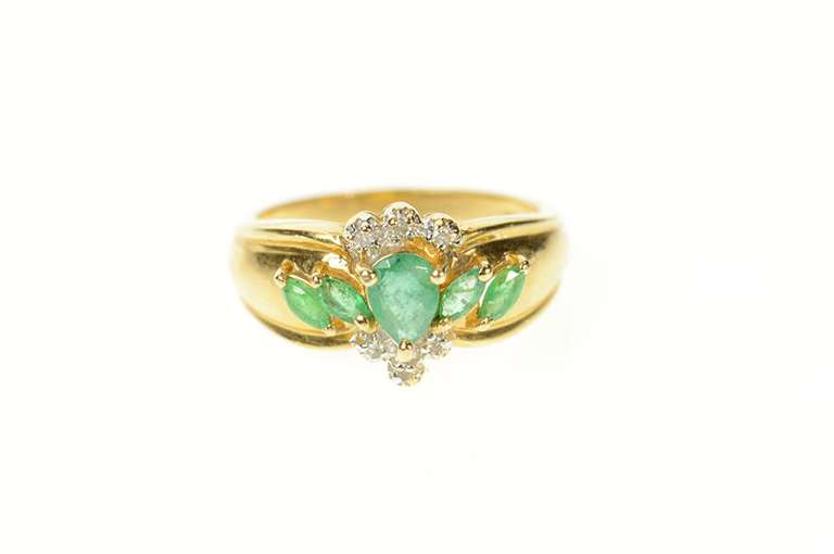 14K Yellow Gold Pear Marquise Emerald Diamond Statement Ring
