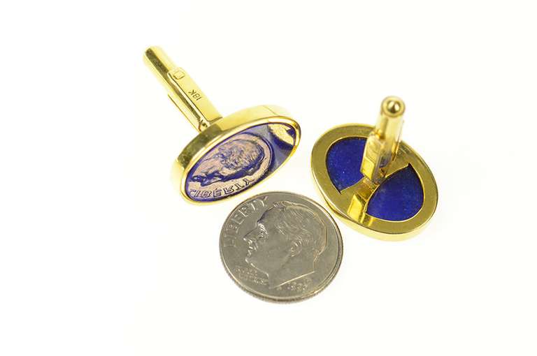 18K Yellow Gold Oval Retro Lapis Lazuli Inset Classic Cuff Links