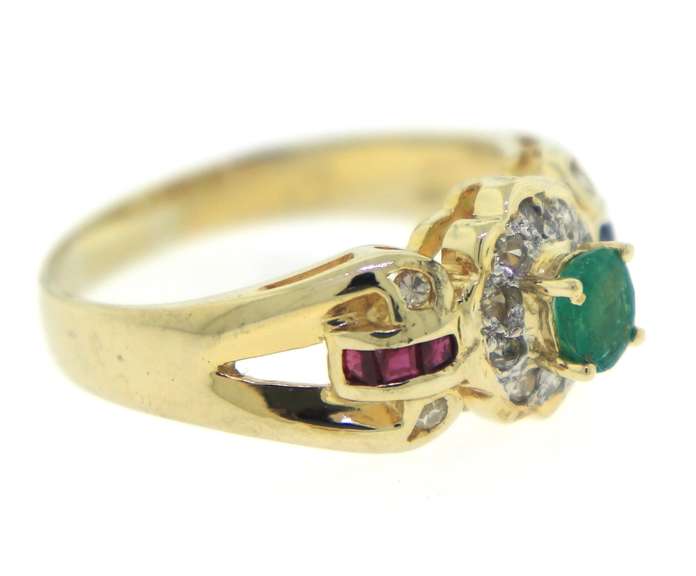 Sparkling 14kt YG Emerald, Sapphire, Ruby and Diamond Ring