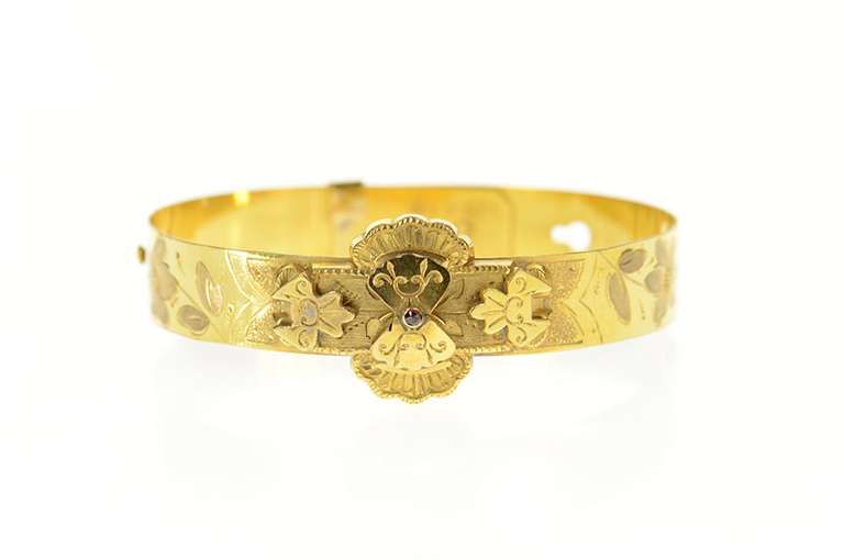 Gold Filled Victorian Syn. Ruby Elaborate Etched Bangle Bracelet