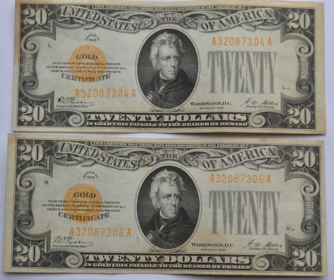 First and Only Small Size Near Unc Near Consecutive 1928 $ 20 Gold Certificates