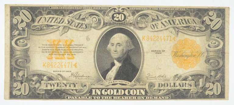 1922 $20 United States Gold Certificate - Large Note