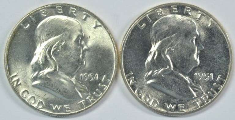 2 Gem BU 1951 Franklin Half Dollars. Full Bell Lines