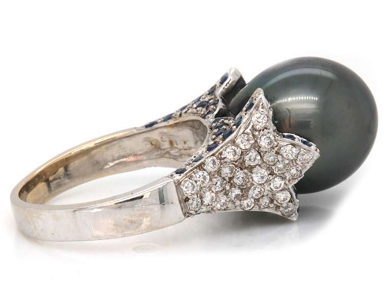 Marvelous 18kt WG Tahitian Pearl with Pave Diamond & Sapphire Ring