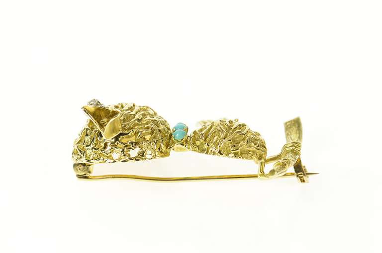 18K Yellow Gold 1960's Diamond Turquoise Stylized Baby Bird Pin/Brooch