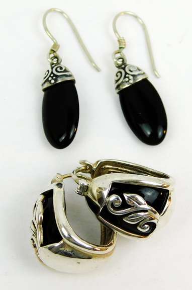 2 Pairs of Pretty Sterling & Black Onyx Earrings