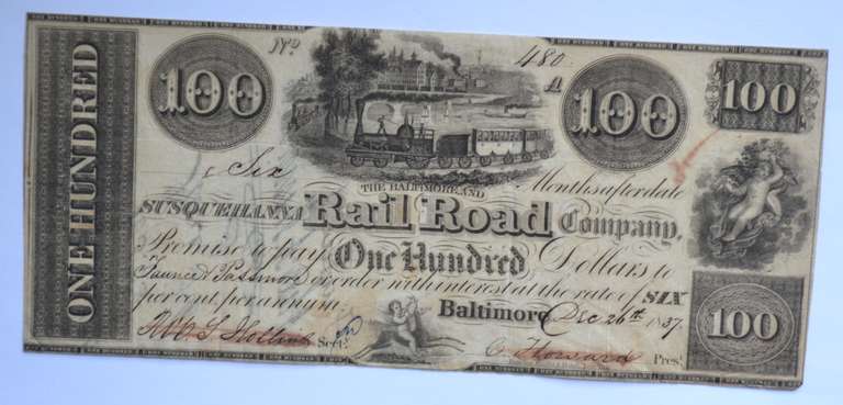 $ 100 Baltimore & Susquehanna Railroad Company Dec 26 1837 Note.