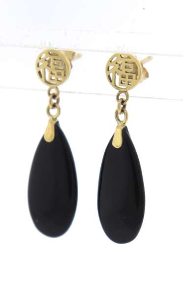 Stunning 14kt YG Black Onyx and Chinese Symbol Earrings