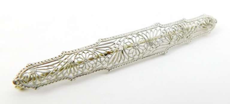Antique 14K White Gold Filigree Bar Pin