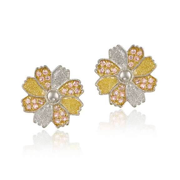 Sterling Silver & 18K Gold Overlay Pink CZ Flower Stud Earrings