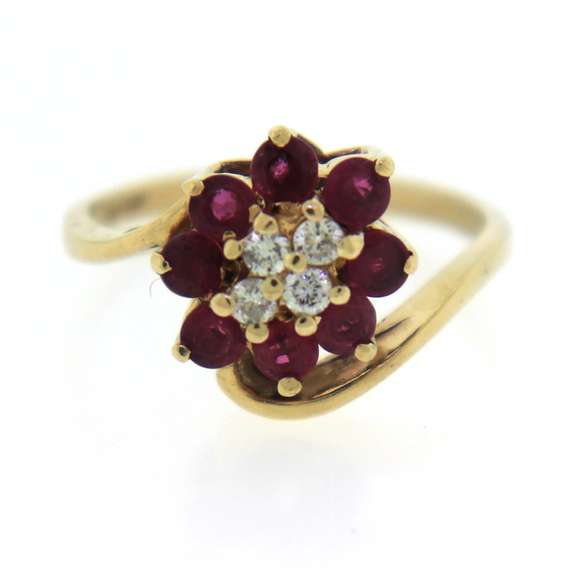 Whimsical 14kt Yellow Gold Round Cut Ruby and Diamond Flower Cluster Ring