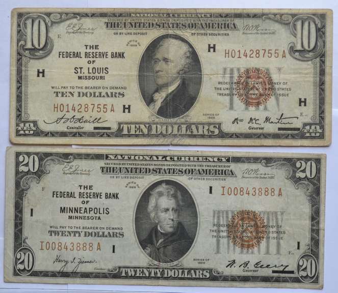 $ 10 & $ 20 Series 1929 National Currency Notes