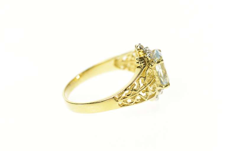 14K Yellow Gold Oval Blue Topaz Diamond Cluster Filigree Ring