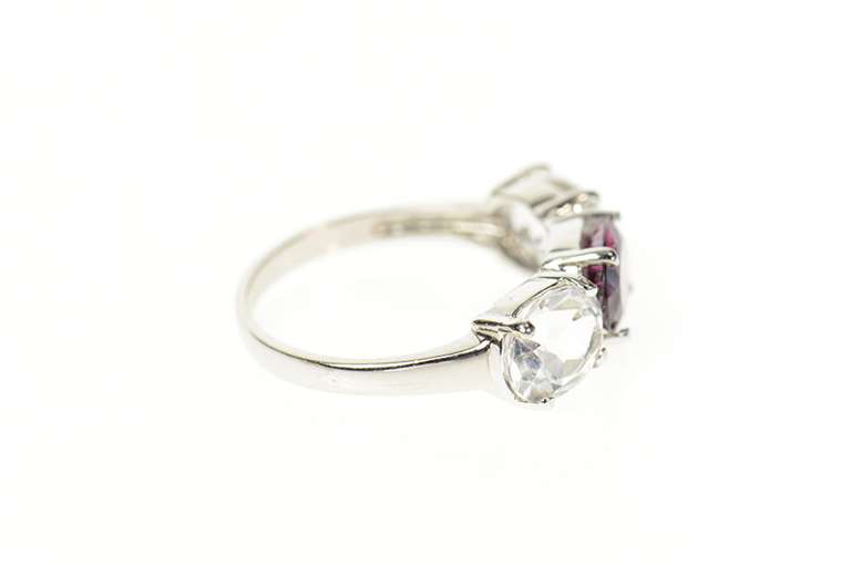 10K White Gold Three Stone Oval Cubic Zirconia Pink Tourmaline Ring