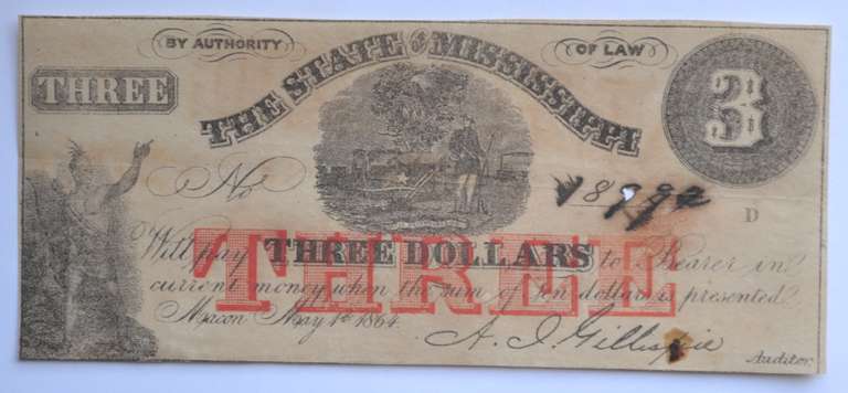 $ 3 State Of Missisippi May 1 1864 Series Note