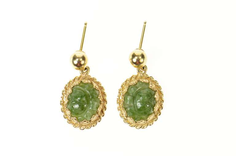 14K Yellow Gold Ornate Retro Carved Rose Nephrite Dangle Earrings