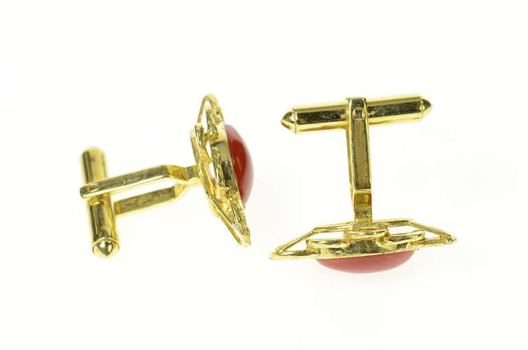 14K Yellow Gold Retro 1960's Red Coral Cabochon Ornate Cuff Links