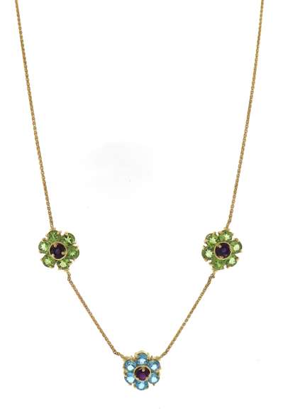 Fantastic Peridot, Blue Topaz and Amethyst Flower Station Necklace