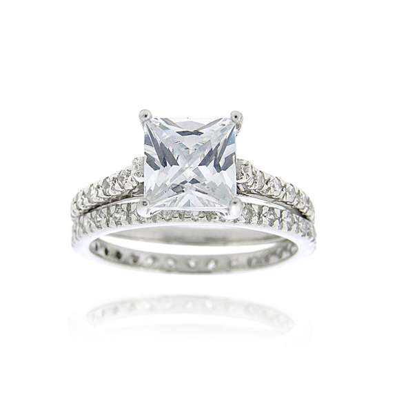 Sterling Silver Square CZ Bridal Engagement Ring Set