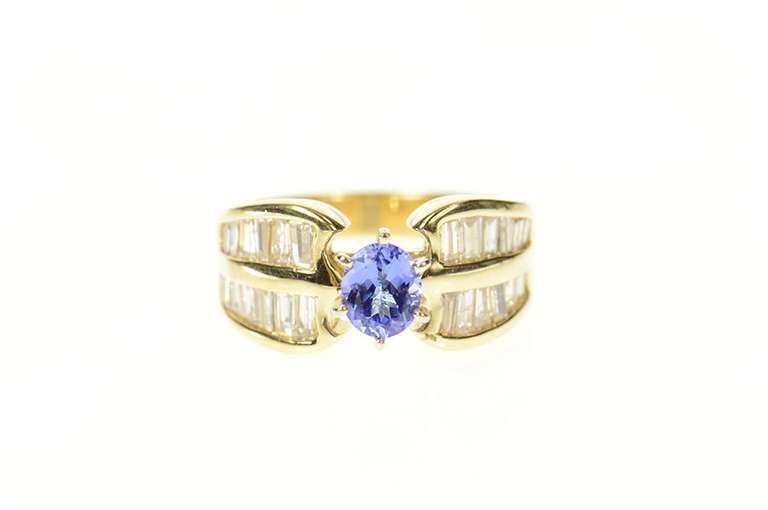 14K Yellow Gold 1.60 Ctw Oval Tanzanite Baguette Diamond Ring