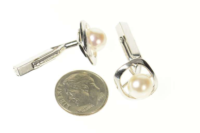 14K White Gold 8.3mm Retro 1960's Pearl Fancy Geometric Cuff Links