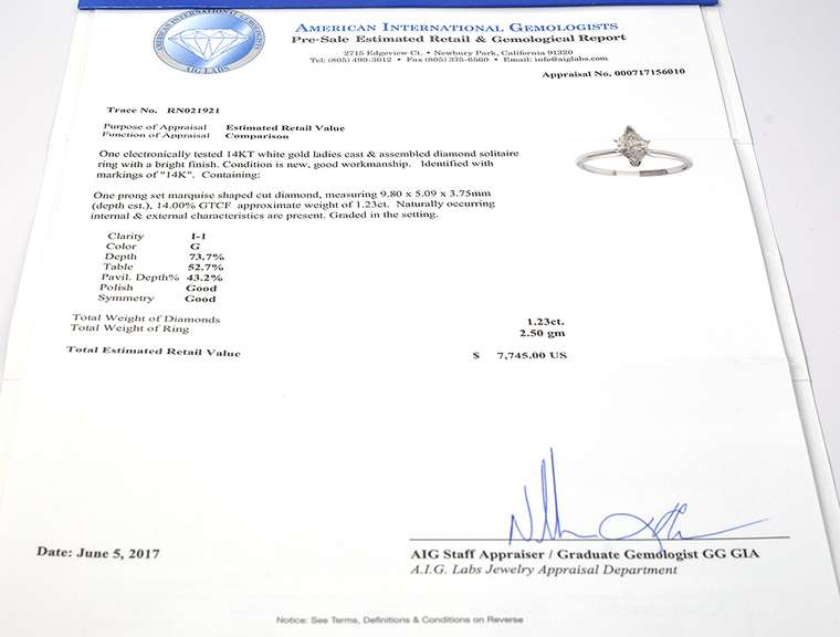 Large Marquise Diamond Solitaire Ring, 14KT