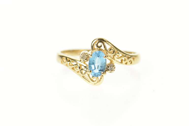 14K Yellow Gold Blue Topaz Diamond Accent Scroll Bypass Ring