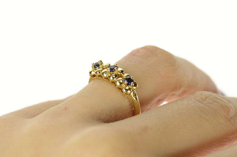 14K Yellow Gold Three Stone Sapphire Floral Statement Band Ring