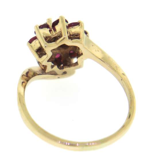 Whimsical 14kt Yellow Gold Round Cut Ruby and Diamond Flower Cluster Ring