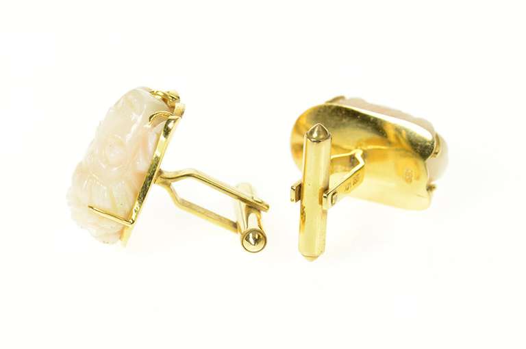 14K Yellow Gold Ornate Carved Light Pink Coral Buddha Head Cuff Links