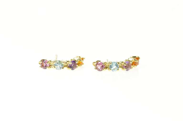 14K Yellow Gold Blue Topaz Amethyst Curved Bar Semi Hoop Earrings