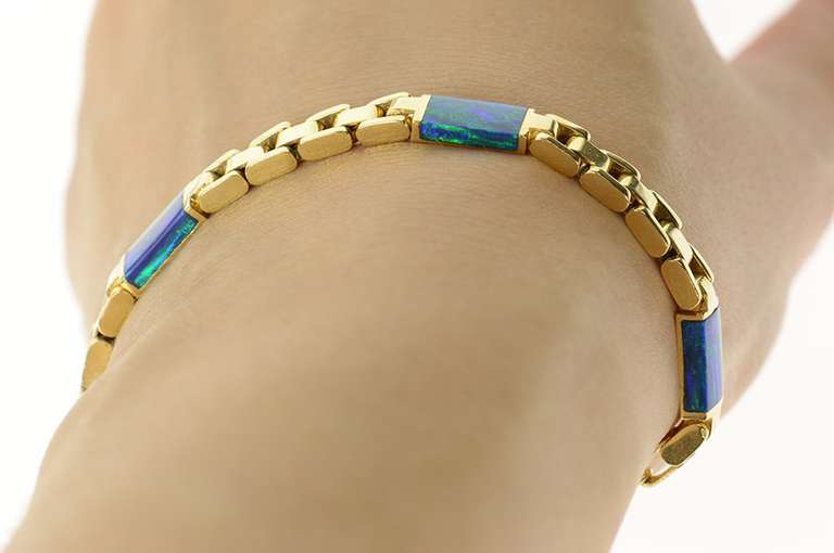 14K Yellow Gold Classic Squared Link Black Opal Inlay Chain Bracelet